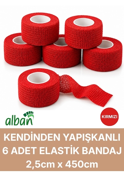 2,5cm 6'lı Set Kendinden Yapışkanlı Elastik Bandaj, Kohesiv Bandaj 2,5cm X 4.5m Spor, Bilek, Ayak Bileği, Veteriner Bandajı Kırmızı