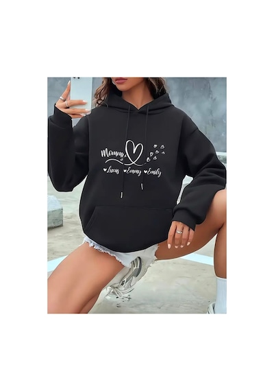 Medinenur Mommy Kalp Baskılı Kapüşonlu Cepli Sweatshirt siyah
