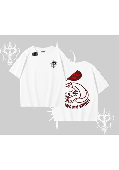 Tarzsokak Not Lazy Saving My Spirit Kedi Baskılı Oversize Tshirt Beyaz