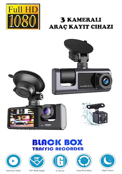 Araç İçi 3 Kameralı 1080p /2.0 İnç Lcd Ekranlı /gece Görüşlü /ger