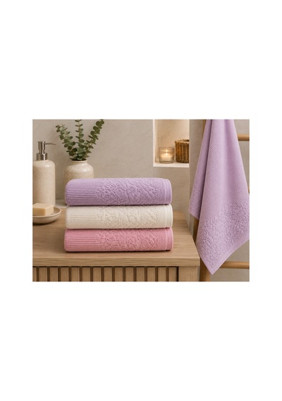 Gonca Renkli Havlu 50x90 Cm 3'lü Set %100 Pamuk - Velvet Lilac Çok Renkli