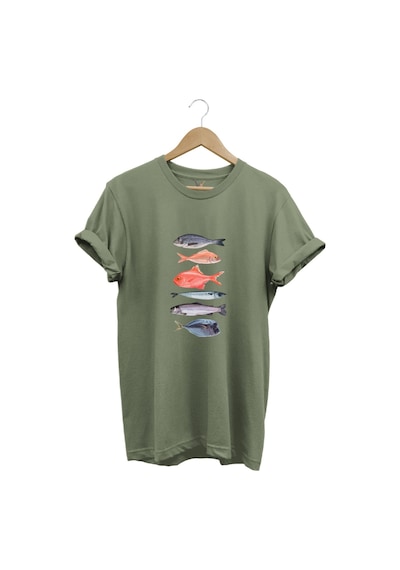 Fishing Balıkçılık Baskılı Renkli Çeşitli Balık Tasarım %100 Pamuk Regular Fit Bisiklet Yaka T-shirt Haki