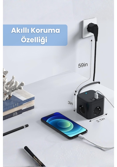 Yeni 3680w Pro Power 2xtype-c Ve 2x Usb Girişli Anahtarlı 3lü Çoğaltıcı Küp 2mt Kablolu Akım Korumalı Priz 2