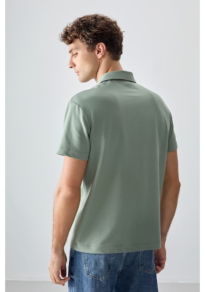 Açık Yeşil Pamuklu Kalın Yumuşak Dokulu Polo Yaka Oversize Fit Basic Erkek T-shirt - 88381 Camel