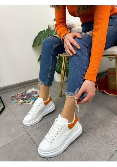 Erva'nın Butiği Beyaz Turuncu Queen Kadın Bağcıklı Sneakers-5023 Beyaz Turuncu Cilt