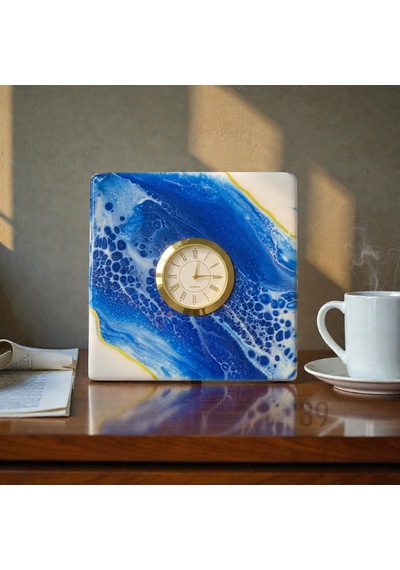 15x15 Cm El Yapımı Geode Masa Saati Altın Quartz Masaüstü Saat 5 Cm Kalınlık Beyaz - Mavi
