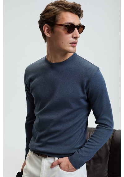Grımelange VAREX Erkek Yuvarlak Yaka Basic Slim Fit Triko Mavi Kazak