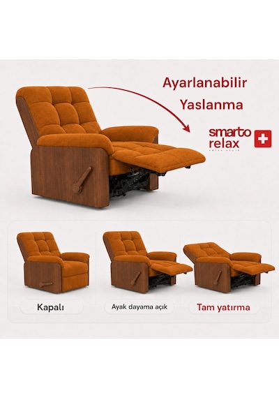 Smarto Relax Ticino Manuel Mekanizmalı Ayak Uzatmalı Ahşap Yan Panelli Polyester Tv Koltuğu Baba Koltuğu Turuncu