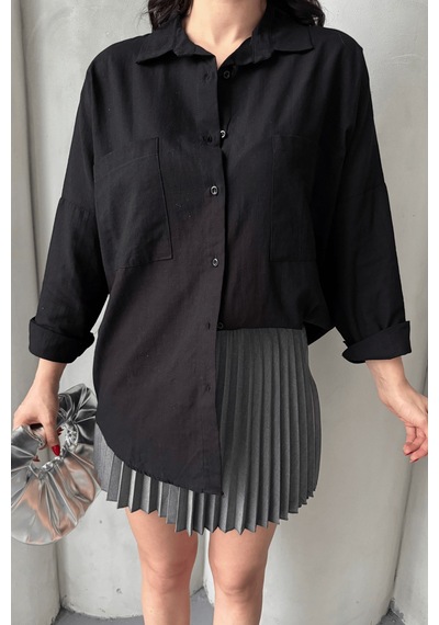 Paw Garage Kadın Harper Çift Cepli Oversize Keten Gömlek, 2025 Summer Collection Siyah