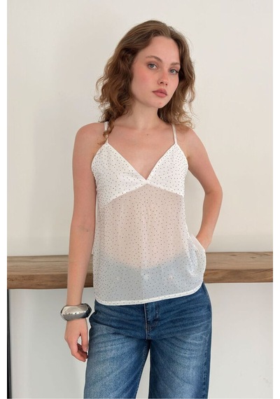 Verymoda Serpme Taşlı Askılı Şifon Bluz D3102 Krem