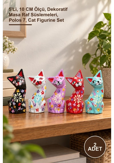 2 Adet Ahşap Kedi Figür Seti 5'li, 10 Cm Ölçü, Dekoratif Masa Raf Süslemeleri, Polos 7, Cat Figurine Set