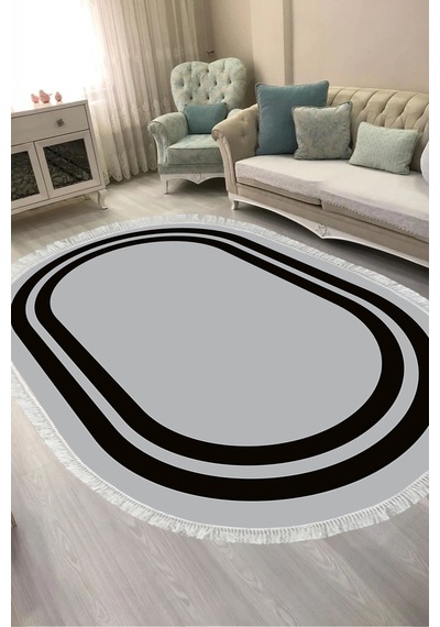 Dijital Baskılı Oval Salon Halısı Kaymaz Yıkanabilir Keçe Taban Saçaklı Geometrik 1696 Gri - Siyah