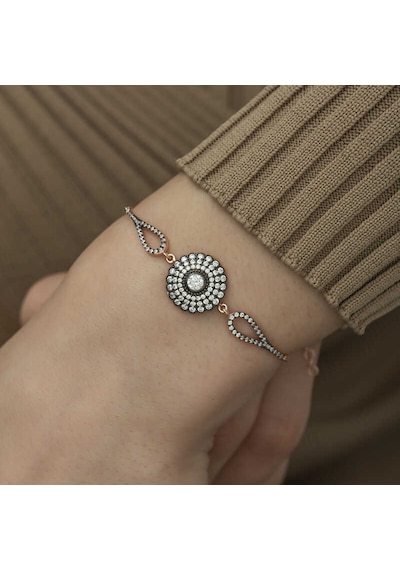 925 Ayar Gümüş Rose Elmas Montür Çiçek Bileklik Gümüş - Rose