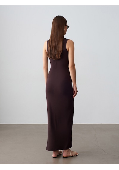Dilvin 91652 Fitilli Midi Elbise-koyu Kahve