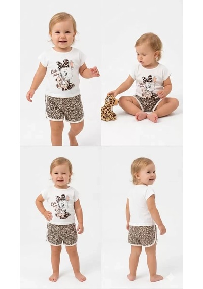Veraura Lifestyle 1/4 Yaş Leopar Tavşan Baskılı Çocuk Takımı Beyaz