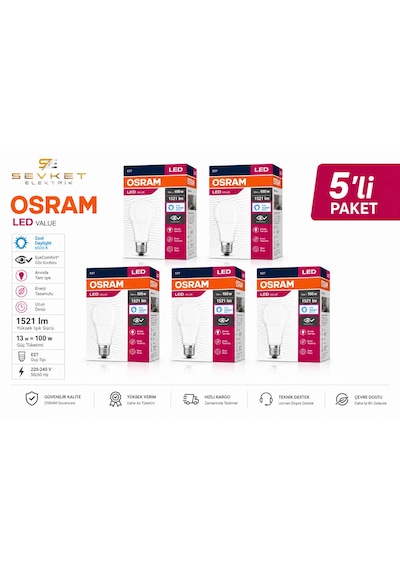 Osram Led Value 5'li Paket 13w 100w Led Ampul Beyaz Işık E27 Normal Duylu 5 Adet
