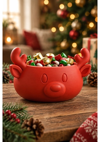 Sonbahar Ve Noel Temalı Ren Geyiği Figürlü Bowl - Sunum Kabı Kırmızı