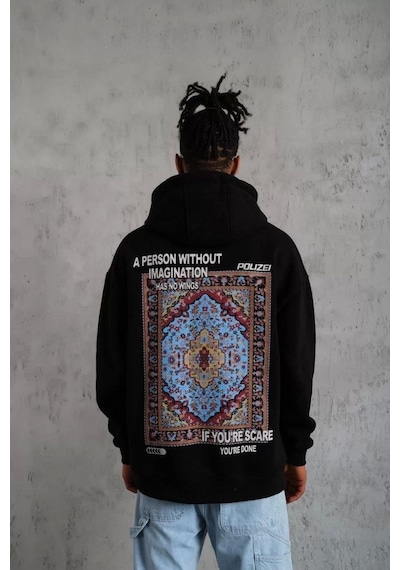 Erkek Kilim Desen Kapüşonlu - Siyah Siyah