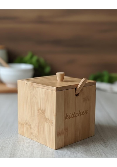 Kaşıklı Bambu Kapaklı Tuzluk Şekerlik - Dekoratif Mutfak Düzenleyici Tuz Kabı Baharatlık Kutusu 12cm Bambu