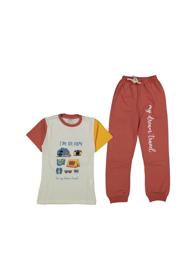 Bebegen Erkek Çocuk Ekru Turuncu Kamp Baskılı Pijama Takımı Çok Renkli