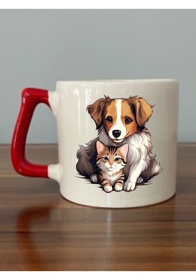 Kedili Ve Köpekli Baskılı Kırmızı Kulplu Kupa Bardak - Seramik Çay, Kahve Hediyelik Bardağı Beyaz