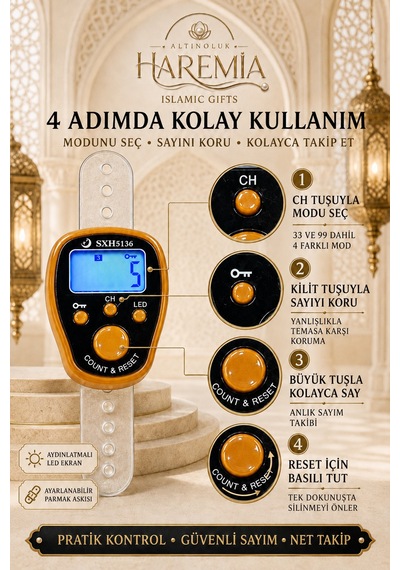 Kilit Özellikli Ledli Zikirmatik 4 Modlu Dijital Zikirmatik Işıklı Sayaç Tesbih Turuncu Sarı