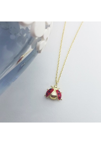 925 Ayar Gümüş Kırmızı Mineli Uğur Böceği Kolye Gold