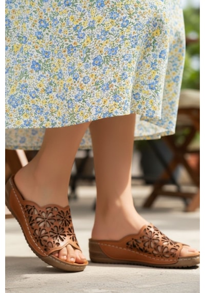 Napa Shoes Lazer Kesim Hakiki Deri Delikli Ortopedik Rahat Taban Kadın Terlik Napa-226 Taba