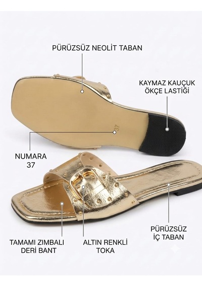 Mcdark Kadın İnce Topuklu Jurdan Taban Troplu Terlik-gold