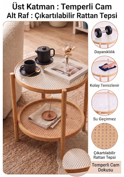 Robin Home Bambu Temperli Camlı Rattan Raflı Yuvarlak Yan Sehpa 45 45cm Bej