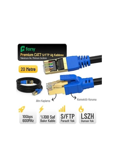 Feny Fn-cat7ls20 10gbps İnternet 60mhz 20 Metre Cat7 Gold Patch Kablo Yanmaz- Yüzde 100 Saf Bakır