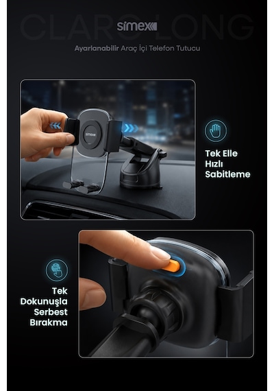 Simex Ultra Stabil Vakumlu Araç İçi Telefon Tutucu 360° Dönebilen Ayarlanabilir Vantuzlu Araba Standlı