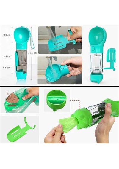 Petinka Kedi Köpek Suluğu Taşınabilir Hazneli Mama Kaplı Kaka Poşetli 300 ML