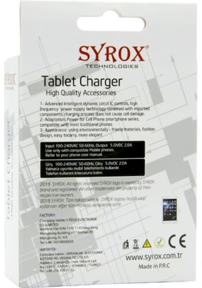 Syrox Syx-J10 5V 2A Ince Uç Tablet Şarj Aleti (530399582)