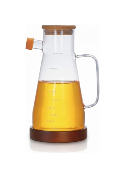 Amberhaus Kesten 900 Ml Cam Yağdanlık Ahşap Kapaklı Ve Altlıklı Şeffaf, Pratik Mutfak Yağ Ve Sirke Şişesi