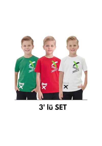 Panios Kids 3'lü White Yazı Baskılı Yuvarlak Yaka Kısa Kollu Erkek Çocuk Yazlık Tişört Yeşil - Kırmızı