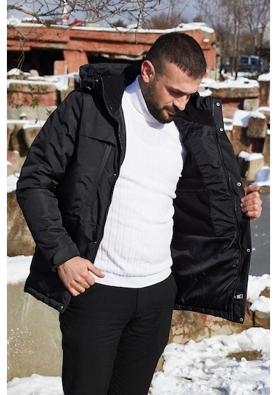 Spor Erkek Polarlı Kürklü Su Ve Rüzgar Geçirmez Kapüşonlu Mont Parka-100 Siyah