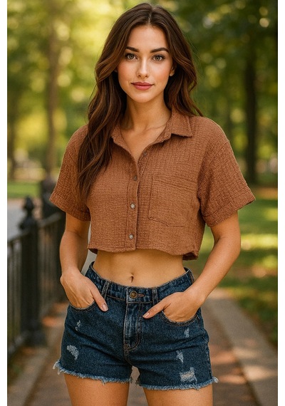 Bbbutikbasic Bürümcük Cepli Crop Gömlek Gül