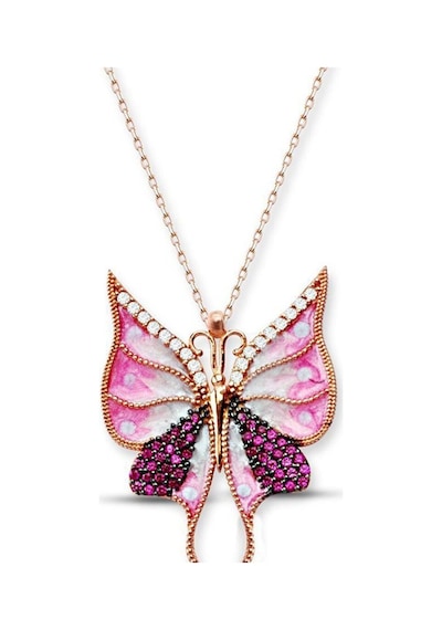 Modahilye 925 Ayar Gümüş Pembe Kelebek Zirkon Taşlı Rozegold Kadın Kolye Rose Gold
