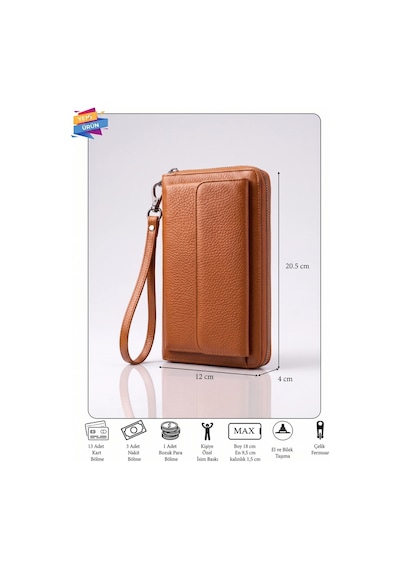 Vanilla Collection Kişiye Özel İsim Baskılı Kadın Deri El Portföyü Cüzdan Telefon Bölmeli Fermuarlı Taba Siyah