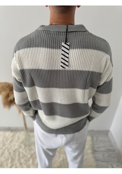 Say-Has Fashion Rahat Kalıp Erkek Polo Yaka Çizgili Triko Kazak Gri