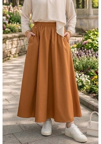 Bestenur Cepli Beli Lastikli Poplin Etek 1727 - Taba