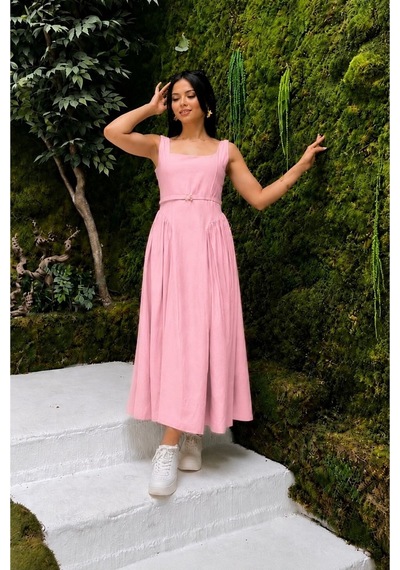 Moda Banuş Çilek Kumaş Kemer Detaylı Midi Boy Pembe Elbise-tam Kalıp Mor