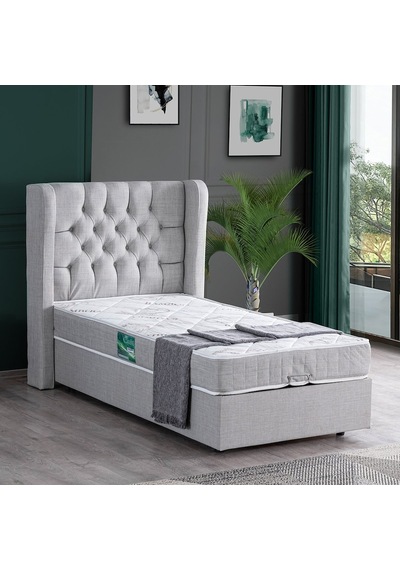 Setaymobilya Baza, Riga Tek Kişilik Baza + Başlık + Comfort Yatak, Açık Gri