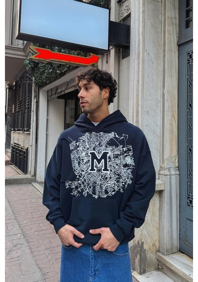 Flaw M Baskılı Hoodie-28588 Lacivert