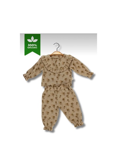 Babyhola Kız Bebek Bayramlık Takım Fırfır Yakalı Çiçek Desenli Müslin İkili Set 2010 Kahverengi