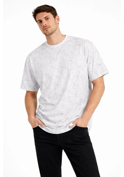 Suma Erkek Beyaz Asit Yıkama Bisiklet Yaka Kısa Kollu Oversize T-shirt