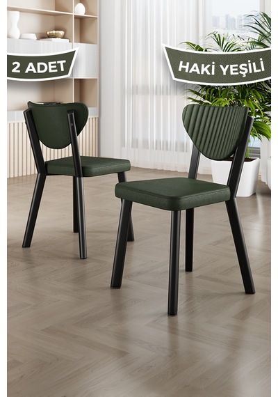 Fubi Serisi 2 Adet Taba Deri Mutfak,cafe, Restaurant Sandalyesi Siyah Metal İskeletli Haki Sandalye Siyah İskelet