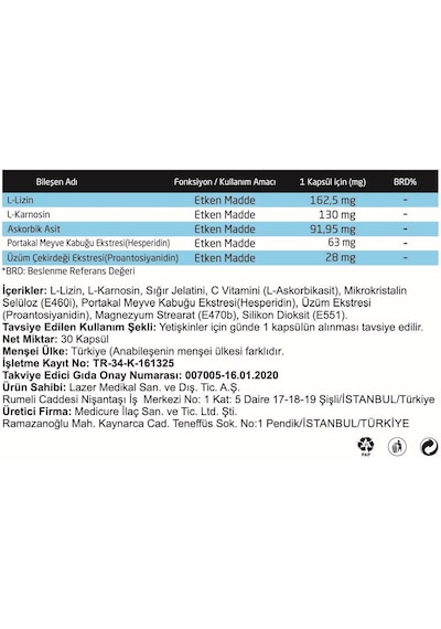 Vitrex L-Lizin L-Karnosin ve C Vitamini İçeren Takviye Edici Gıda 30 Kapsül
