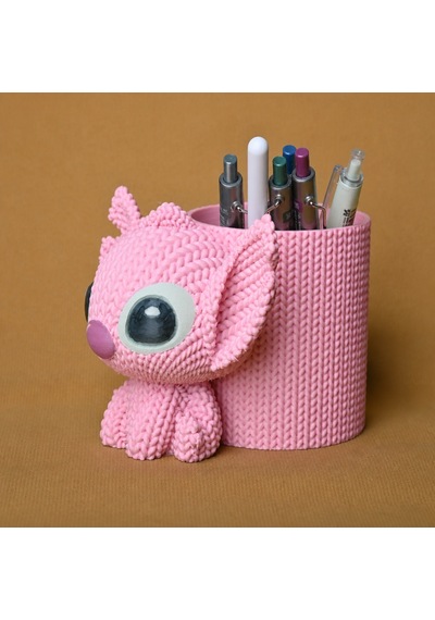 3d Baskı Knitted Kalemlik - Sevimli Karakterli Masaüstü Kalem Organizeri-pembe Çok Renkli